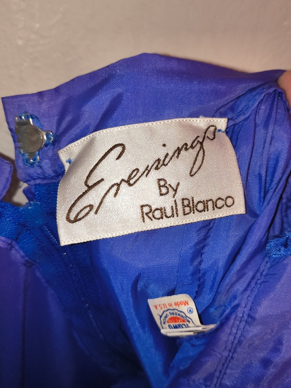 Vintage Raul Blanco Evening Cobalt Blue Floral Neckline Dress & Slip Set Size 14 - Picture 4 of 6